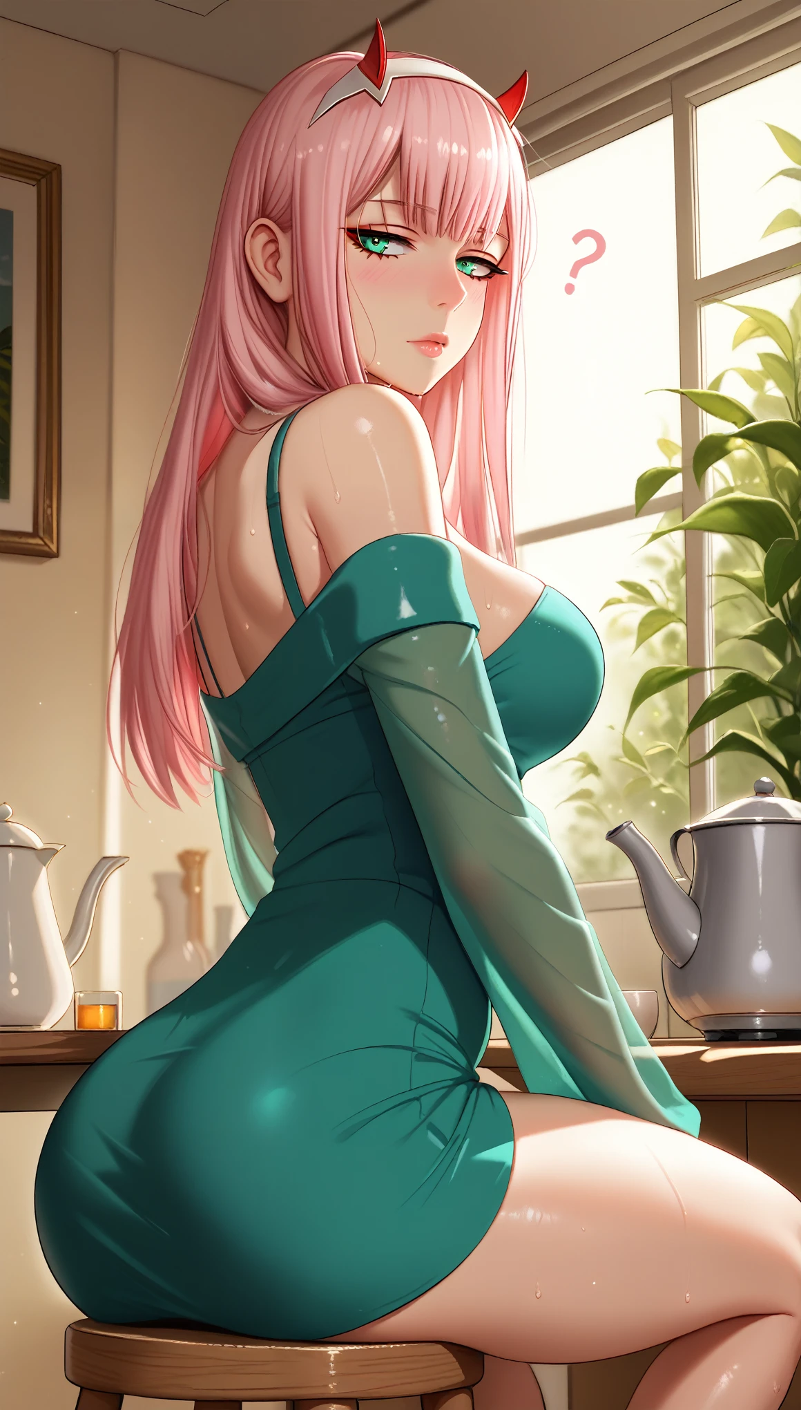 score_9, score_8_up, score_7_up, Zero Two \(Darling in the Franxx\), pink hair, long hair, white hair band, horn, green eyes, mature female, lips, thick lips, BREAK beautiful detailed eyes, beautiful detailed lips, extremely detailed face and portrait, elegant expression, soft warm lighting, volumetric lighting, cinematic composition, detailed environment, lush garden, vibrant colors, intricate details, masterpiece, high resolution, digital painting, excessive sweating, sweating profusely, sweating drop BREAK, 1girl, green dress, ass, sitting, solo, dress, breasts, short dress, table, looking at viewer, blush, indoors, off shoulder, large breasts, thighs, off-shoulder dress, closed mouth, notice lines, bare shoulders, bottle, bare legs, kettle, looking back, long sleeves, see-through, stool, off-shoulder jacket, jacket, open clothes, from behind, gloomy expression, half-closed eyes, sweating profusely, excessive sweating, sweating drop,