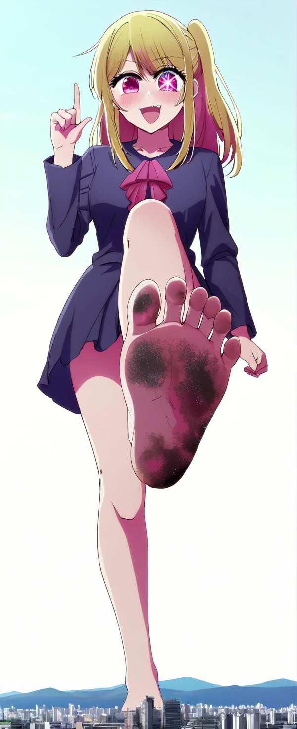 1 girl, oshi no ko, ruby hoshino, stepping, stepped on, pov, angle from above, no shoes, feet, looking down, toes, one, leg lift, foot focus, barefoot, standing on one leg,  depth of field, outdoors,( foreshortening:1.2), facial blur, blurry face, building, city, sky, cloud, giantess, mega size, masterpiece, best quality, absurdres, ultra detailed, confident look, rampage, (smirk:0.6) blonde, 6 pointed star pupil on right eye, five toes, detailed star pupil, full body shown, stinky feet, extremely dirty feet, detailed dirty feet, detailed full body, crushing a city with bare foot, a panel of her laughing at the side, 5 toes only, high quality, not out of frame, detailed eyes, the shape of a perfect foot, the shape of perfect legs, perfect body shape, 5 finger, ultra detailed feet, foot fetish, divine, only 5 toes each foot, bigger than earth