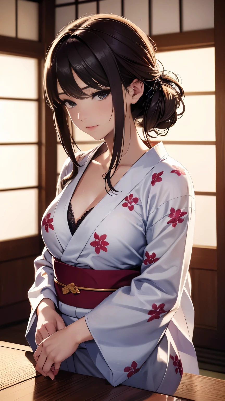 Beautiful woman in floral ((yukata)), Small, You can see the bra, Beautiful face, Strong-willed eyes, Medium long, brown haired, Tatami room, traditional Japanese room, 8K picture quality, Best Quality, masterpiece, super A high resolution, (Photorealistic:1.4), (Raw photo), High quality drawings, An ultra-high picture quality, ultra-quality, ultra-fine drawing, ultra-detailliert, Extremely detailed, Finely detailed, Realistic, Beautiful, Supreme Beauty, dark colored, natural soft light, Ultra-delicate images, Ultra-detailed details, Best Shots, The whole picture, Best Quality,
