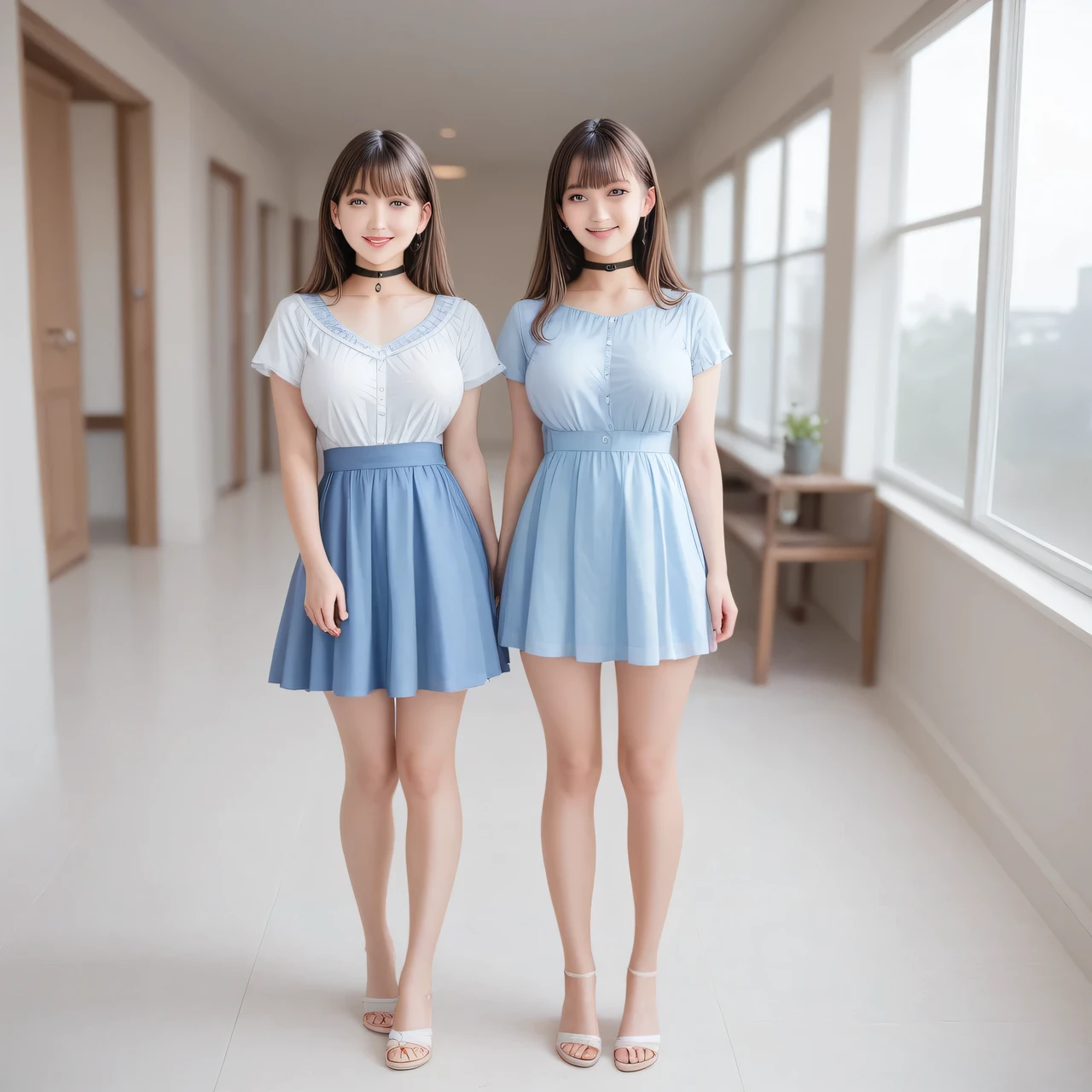 Best Quality、masterpiece、Group photo、(Light Blue Blouse), Large Breasts, ((Layered Haircut)),（8k，Best Quality），Full Body Shot，Mid-range shot，School classルーム，student，class，class，Full body photo、 Adorable， smile， length, Brown Hair， 32K, masterpiece， Best image quality，Ultra-high resolution，Perfect hands，Black choker、blue eyes、bangs、Very thick and long eyelashes、 School、Summer clothes、((Big Boobs))