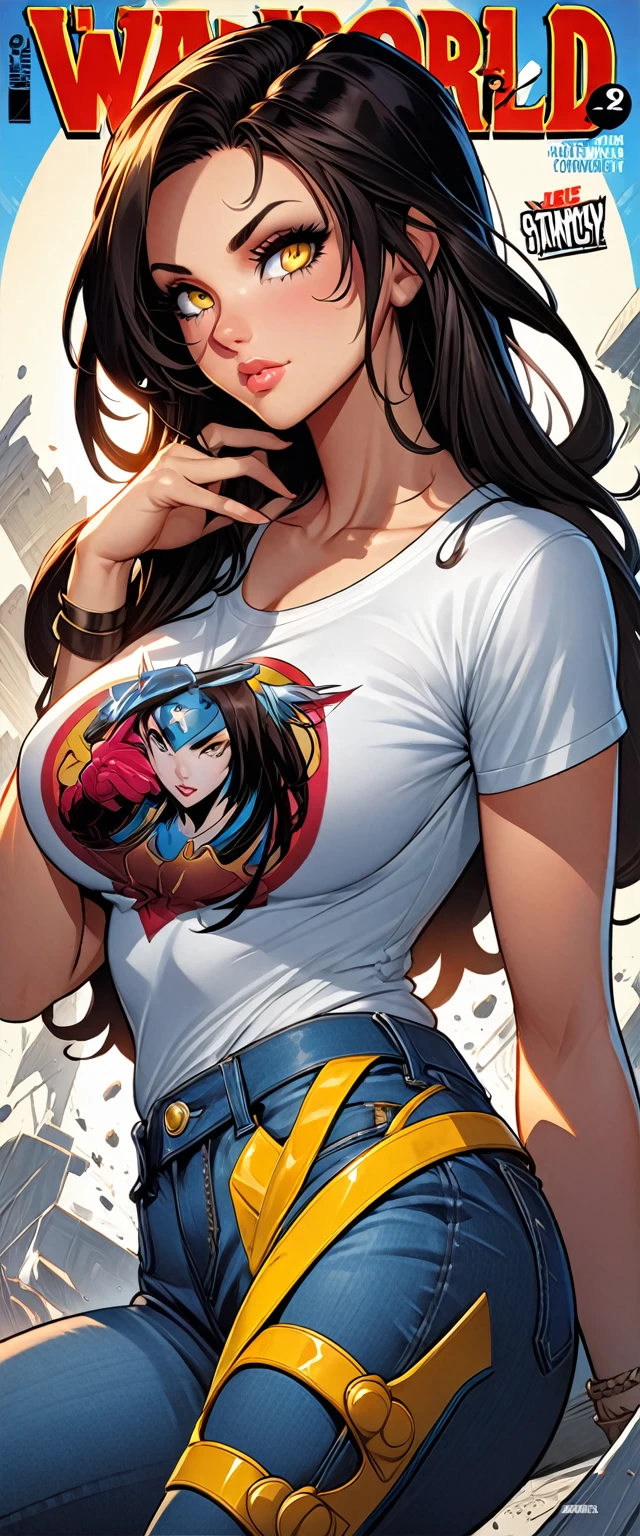 ::based on dc comix's warworld illustration, by Marc Silvestri:: beautiful woman ASHLEY ALEXISS European perfect and detailed,   style ::2.0 comix illustration style,tatoon style , man model ultra detailed, (beautiful and clear background:1.2),, fantastic paintings ,graffit style, olhos altamente detalhados , a white t-shirt or tatoon stamp , blond hair, masterpiece, best quality, high quality, highres, detail enhancement, ((most beautiful image in the world)), Masterpiece, Best Quality, High Quality, Highres, detail enhancement, ((most beautiful image )),with short, shiny black hair, wearing a large round-neck t-shirt, wearing jeans, five legs, like yellow sneakers, emphasizing the integrity of the human body, Emphasis on the correct 5 fingers on each hand and the correct shadow, , bright image, Art by Stanley Artgerm Lau, Art by Kenneth Rocafort, Art by Genzoman, Art by Joe Madureira, Art by BlushySpicy, Art by Stjepan Sejic, Art by J Scott Campbell, Art by Guillem March, Art by Citemer Liu, 4k, High resolution, Comic book, Comic book character, Comic, High quality
