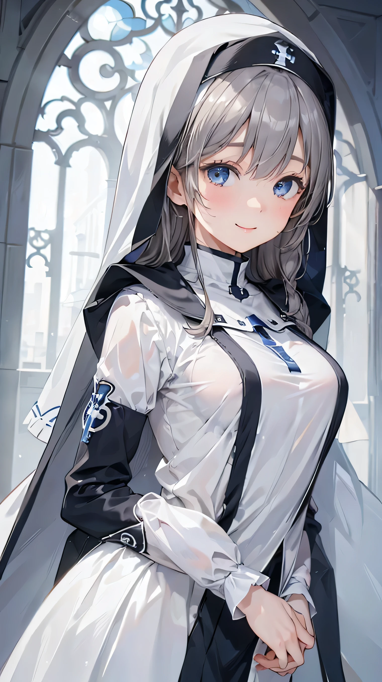 8k resolution,((Best Quality)),Ultra-high resolution,Adult women, Alone, sexy, (A kind smile), (Blue eyes), A beautiful, symmetrical face, (Gray neat long hair),Elegant nun clothing,Long skirt,White nun hood,Realistic:1.4,Realistic:1.4,(masterpiece:1.2),Perfect Eyes,Perfect Eyes,church,Slightly see-through clothing