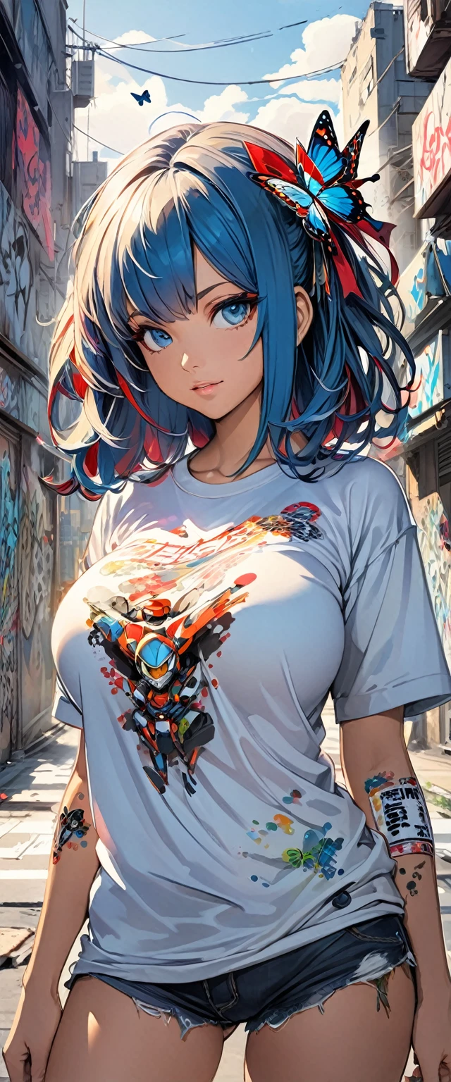 mecha ::Bottom, mixed language_text, Japanese graffiti letters, , Excellent lighting, side lighting, perfect ending :: comix style by joe madureira :: circular pieces of white metal glued to the ultra detailed arms giving off a sparkling shine, perfect and detailed, ultra detailed shirt with abstract design and Japanese graffiti lettering print on the sides of the garment, image of garotas with big breast, banksy art sticker, butterflies, freedom, alm, illustration digital, Comic style, , centered, approaching perfection, dynamic, highly detailed, watercolor painting, art station, conceptual art, suave, sharp focus, illustration, arte de Carne Griffiths e Wadim Kashin
