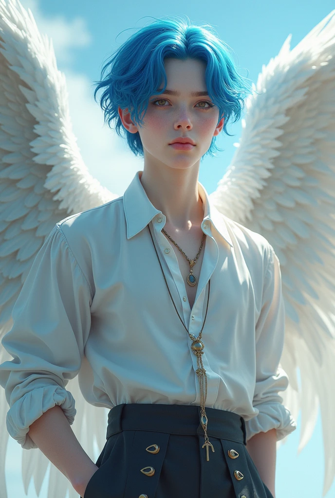 A man with blue hair, gray eyes, a medium-strong body, white skin, Korean angel wings