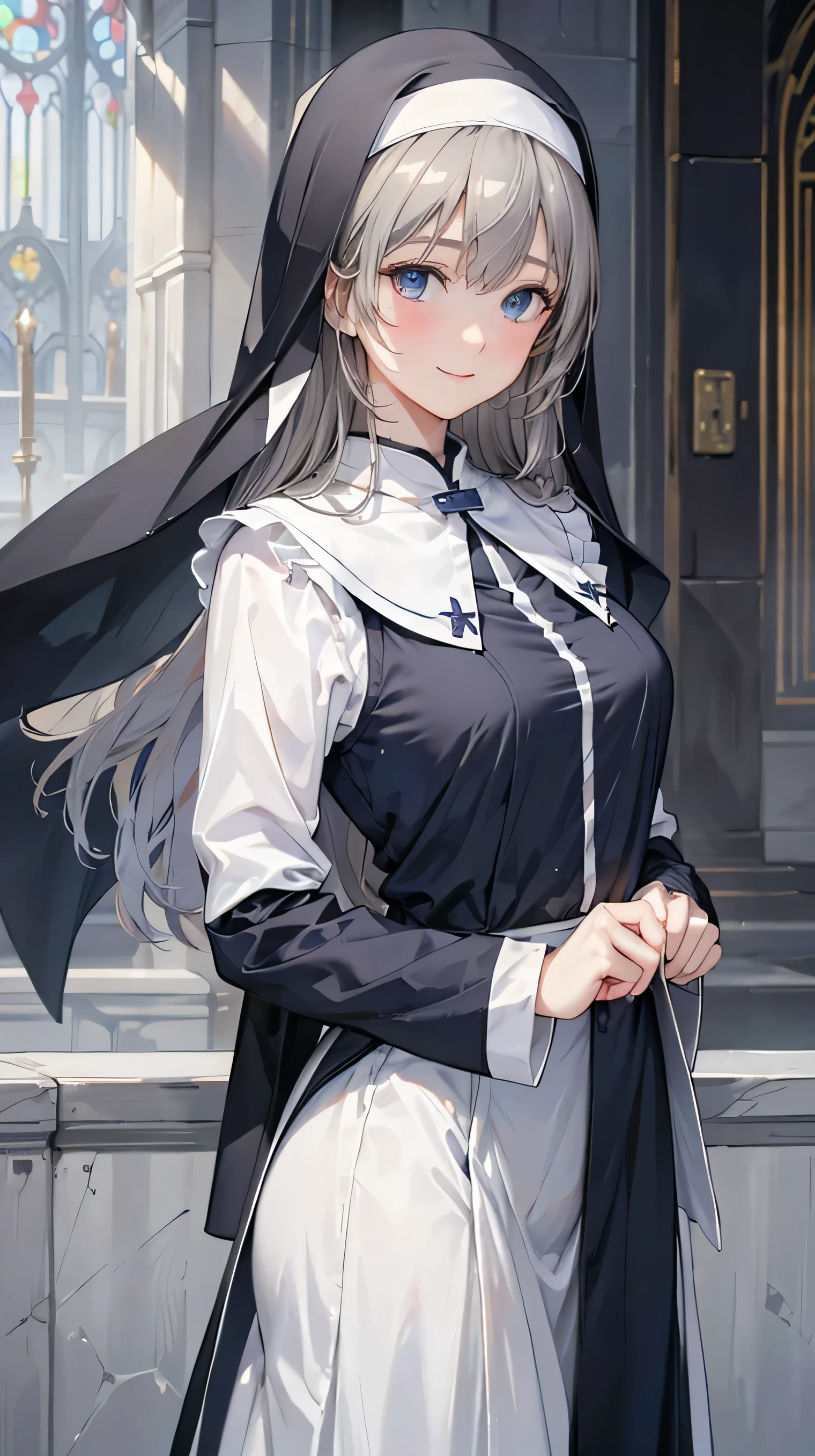 8k resolution,((Best Quality)),Ultra-high resolution,Adult women, Alone, sexy, (A kind smile), (Blue eyes), A beautiful, symmetrical face, (Gray neat long hair),Elegant nun clothing,Long skirt,White nun hood,Realistic:1.4,Realistic:1.4,(masterpiece:1.2),Perfect Eyes,Perfect Eyes,church,Slightly see-through underwear