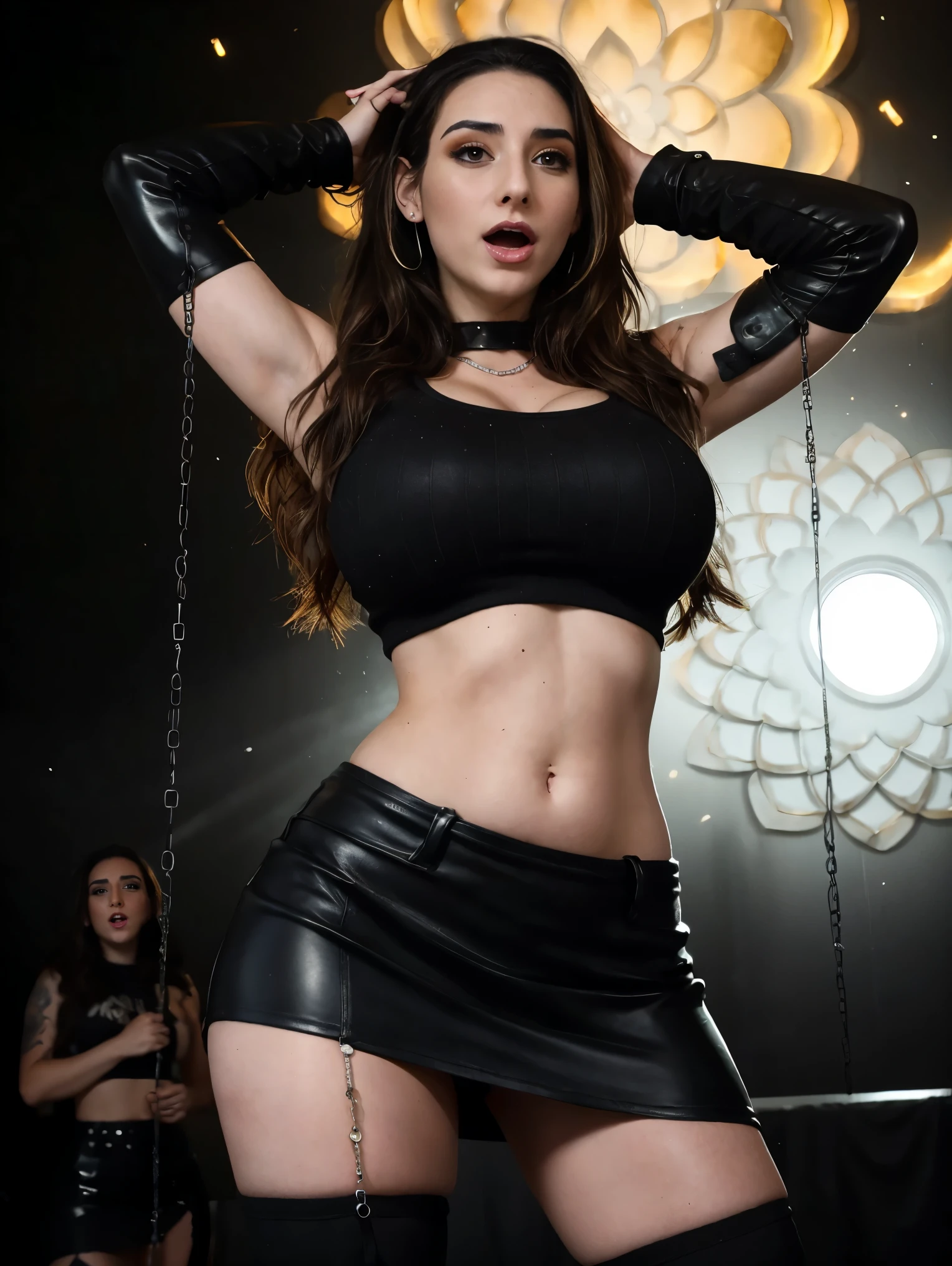 full-shot photo of ((Krysten-Ritter)) in a ((dark)) ((interrogation-room)), (sitting in chair), (colorful-hijab), long-80s-hair, concrete, prison-bars, smirk, seductive poses, sexy, detailed-skin big gorgeous eyes, detailed-eyes, (huge-breasts), ((hourglass-body)), ?????-makeup, shy, (skimpy-silk), ((bondage with chains)), ((hands are tied behind back of chair with chains)), ((choker)) (detailed high quality highres high saturation) vibrant colors