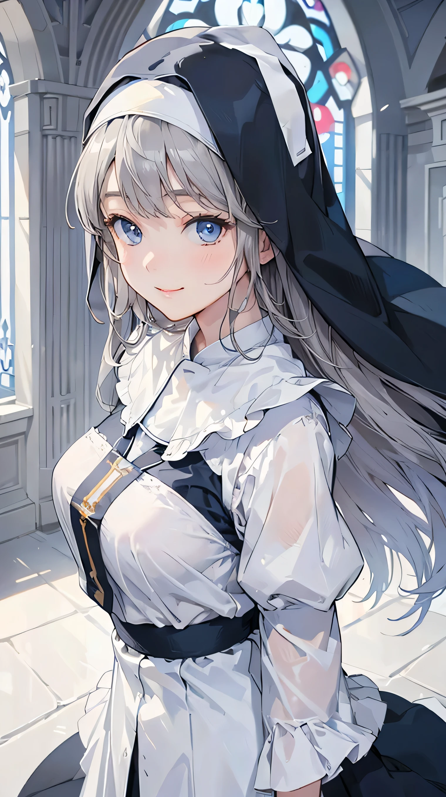 8k resolution,((Best Quality)),Ultra-high resolution,Adult women, Alone, sexy, (A kind smile), (Blue eyes), A beautiful, symmetrical face, (Gray neat long hair),Elegant nun clothing,Long skirt,White nun hood,Realistic:1.4,Realistic:1.4,(masterpiece:1.2),Perfect Eyes,Perfect Eyes,church,Slightly see-through clothing