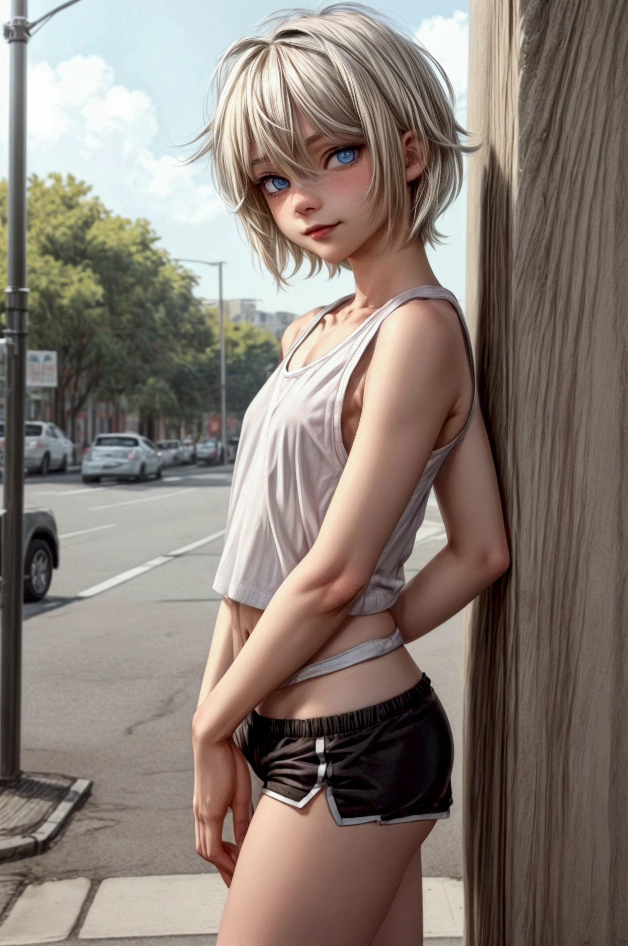 Anime style, Highres, Masterpiece, Best quality at best, Best Quality, hight quality, hight detailed, 1boy, blonde boy, boy body, cute boy, femboy, female physiognomy, detailed light blue eyes, short hair, messy hair, bangs, pastel rainbow inner hair color mesh, shy smile, boy flirty posing, front view, looking at viewer, wears black too short tshirt, boy chest, bare shoulders, bare sleeves, bare arms, black cheeky dolphin shorts, (tiny bulge on shorts), beautiful legs, white stockings over knee, black sports shoes with pink stripes, boy body, Standing, sunny afternoon on the street, highest quality,