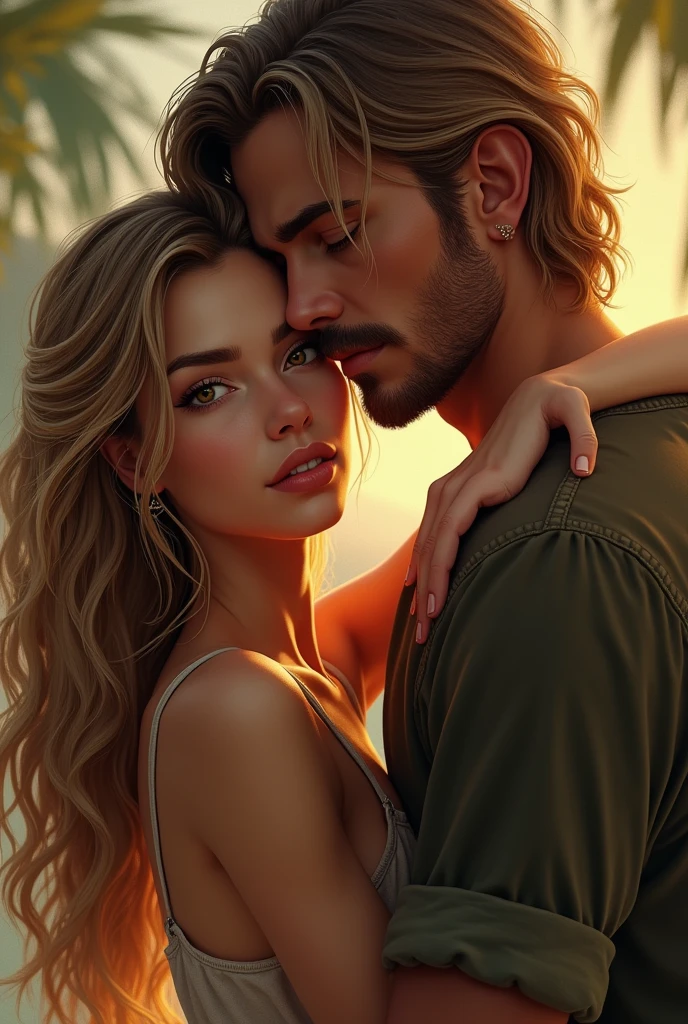 Generates a hyperrealistic image of a couple hugging, She has long blonde hair and brown eyes, The tall black hair, blue eyes and further away another couple holding hands who look at them with envy, She has short blonde hair and he has strong blonde hair