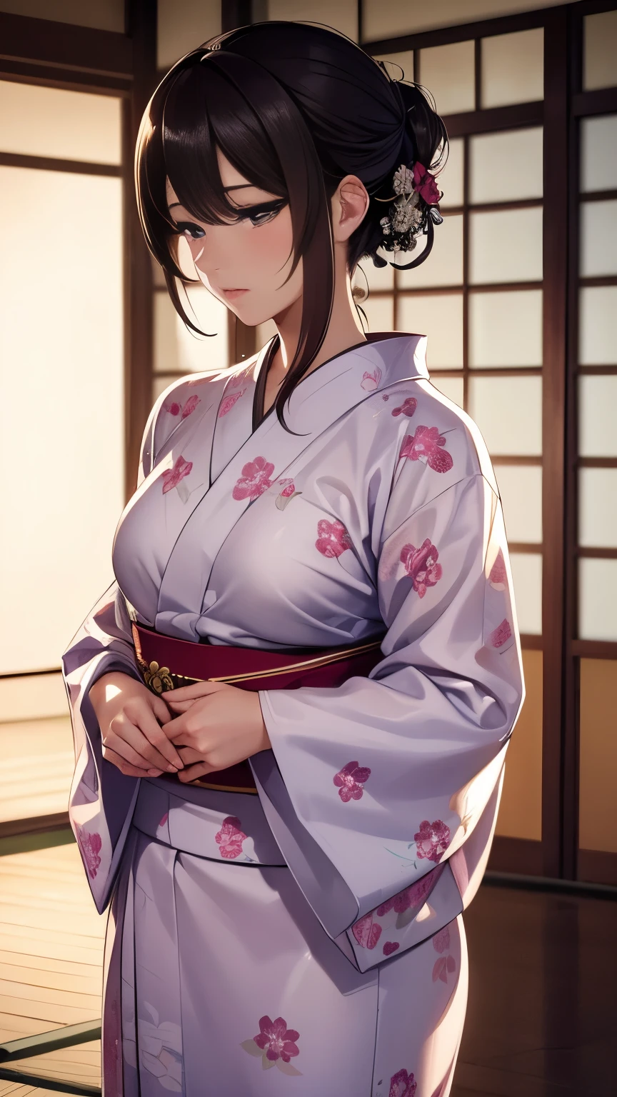 Beautiful woman in floral ((yukata)), Small, You can see the bra, Beautiful face, Strong-willed eyes, Medium long, brown haired, Tatami room, traditional Japanese room, 8K picture quality, Best Quality, masterpiece, super A high resolution, (Photorealistic:1.4), (Raw photo), High quality drawings, An ultra-high picture quality, ultra-quality, ultra-fine drawing, ultra-detailliert, Extremely detailed, Finely detailed, Realistic, Beautiful, Supreme Beauty, dark colored, natural soft light, Ultra-delicate images, Ultra-detailed details, Best Shots, The whole picture, Best Quality,
