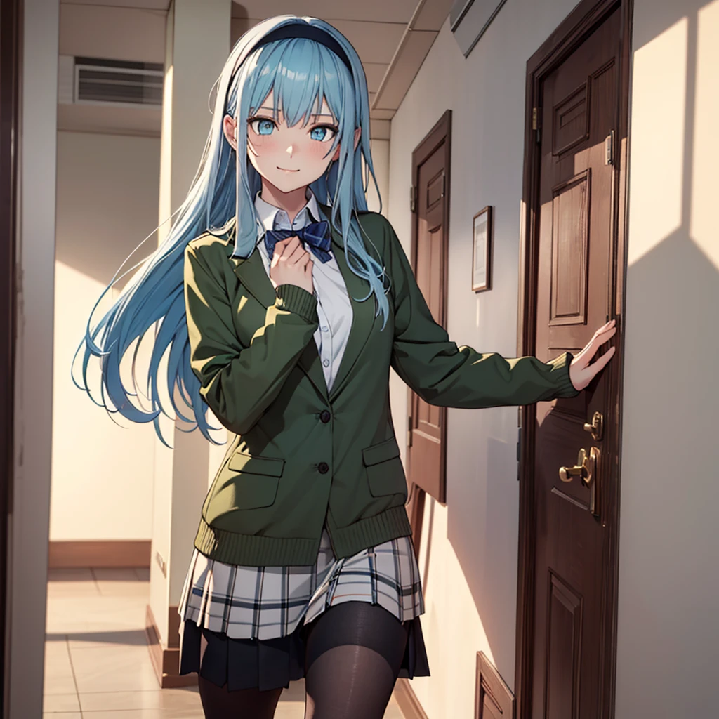 ((masterpiece,best quality)), highres, extremely detailed 8K wallpaper, depth_of_field, best shadow, (Colorful),(Delicate eyes and face), nice hand, Perfect hands, (no lighting), Ray tracing, (1girl), long hair, (light blue hair), green eyes, medium breasts, bangs, confident smile, standing, Cowboy Shots and knee, school corriror, school hallway, hand resting on hip, sharp eyes, jacket, blouse, miniskirt, tights, headband, (solo), wide hips, centered, thick thights, schoolgirl, (school uniform)