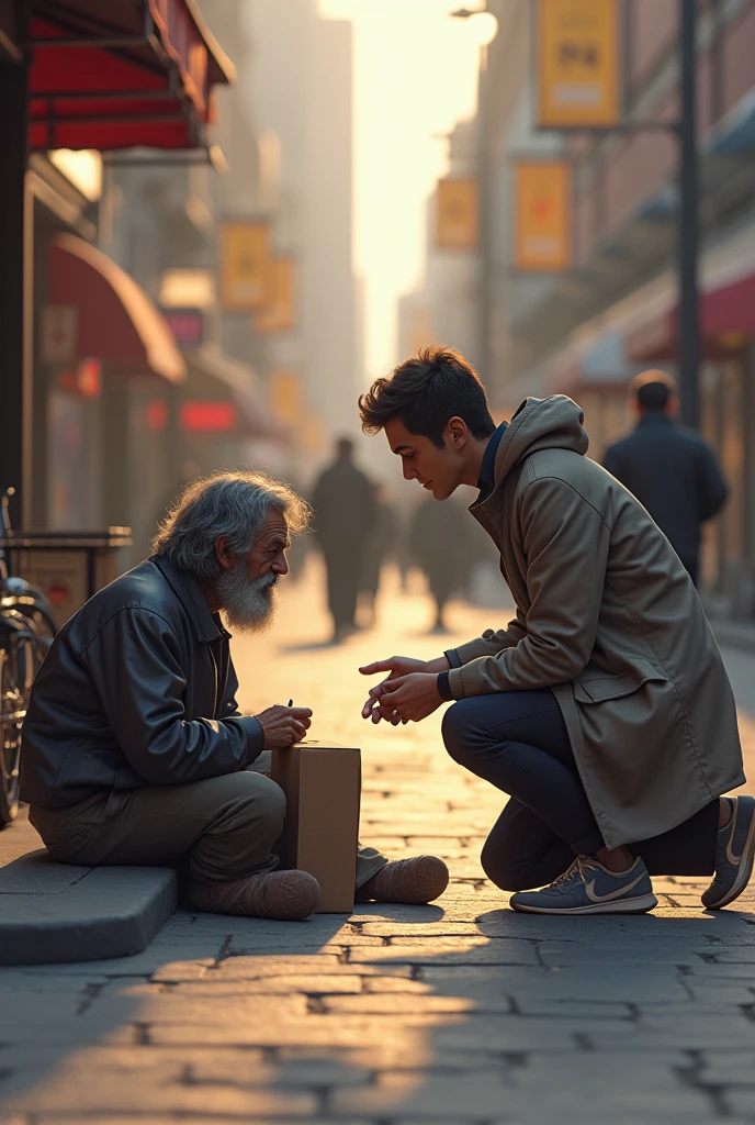The image will have 2 scenes,The first scene is a boy offering food to a homeless man ,the second scene,A boy shaking hands with an adult man but not so lively and the scenes do not have the same background