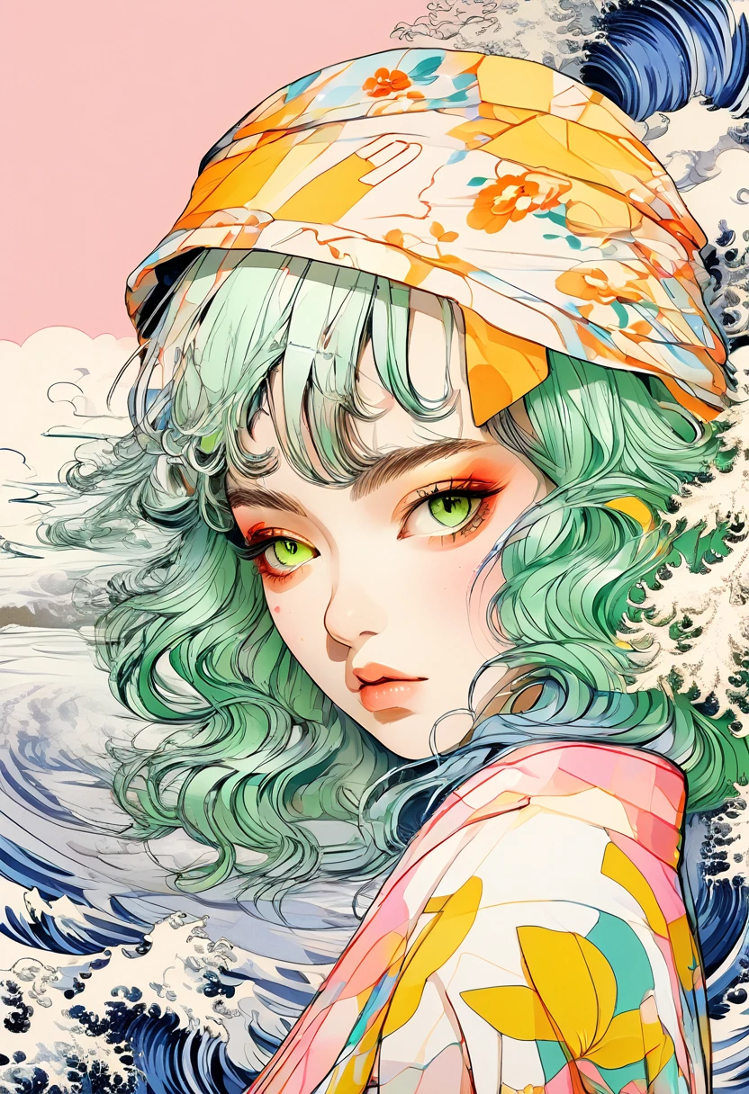 A mesmerizing surreal illustration of a young japanese woman. She has pastel green hair with blunt bangs, yellow eyes, and wears a vibrant pastel colored outfit adorned with intricate floral patterns. Freckles dot her smooth, warm complexion, and bold, colorful tattoos cover her arms and legs. The tattoos feature traditional Japanese motifs like flowers and mythical creatures, rendered with meticulous detail in a pastel color palette. The background is a vintage floral-patterned wallpaper that complements the artwork's colors. The line work is precise, with delicate shading that gives the illustration a 3D quality. The artwork fuses modern illustration techniques with traditional Japanese aesthetics, resulting in a visually striking, portrait,
