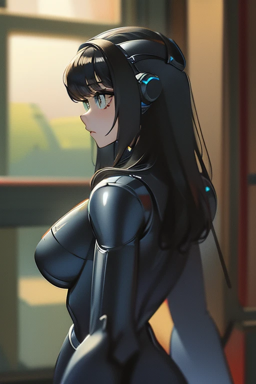 sweaty sexy woman big breasts thick thighs wearing very thight seethrought black bodysuit (holes on the side where the breasts are) in subway smiling sitting next to you (sexy nippels)