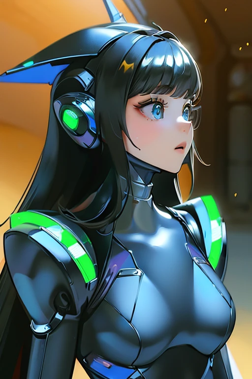 (masterpiece),(Highest quality),(Super detailed),(Best illustrations),(Best Shadow),(Absurd),(Detailed Background),(so beautiful), 16K, 8K, 4K,(Best Shadow),robotization,woman ,big bust,Robot Joint ,Metal skin,Black robot Suit,long hair,a black robot suit that covers the whole body,robot hand,cyber bodysuit,mecha head,(Detailed hands and fingers:1.2),Ball joint robot body,doll joint,beautiful face,beautiful robot girl,robotic eye,robotic hands,(no more human skin),android girl,view from behind,from back,back from award,top down view