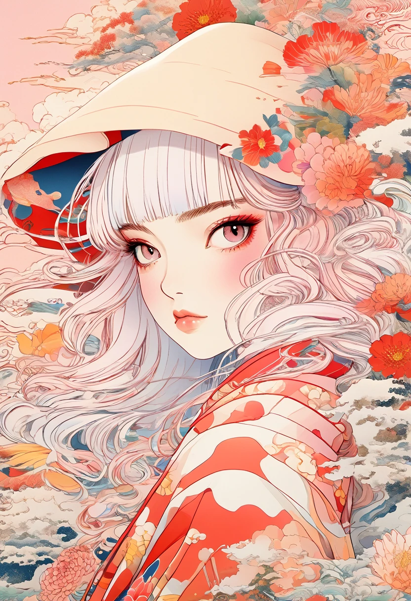 A fascinating surreal illustration of a young Japanese girl. She has pastel yellow hair with pink tips, blunt bangs, red eyes and wears an outfit of vibrant pastel colors adorned with intricate floral motifs. Her smooth, warm complexion is dotted with freckles, and her arms and legs are covered with brightly colored tattoos. The tattoos depict traditional Japanese motifs, such as flowers and mythical creatures, rendered in meticulous detail in a pastel color palette. The background is a vintage floral patterned wallpaper that complements the colors of the artwork. The line is precise, with delicate shading that gives the illustration a three-dimensional appearance. The work fuses modern illustration techniques with traditional Japanese aesthetics, resulting in a visually stunning portrait.