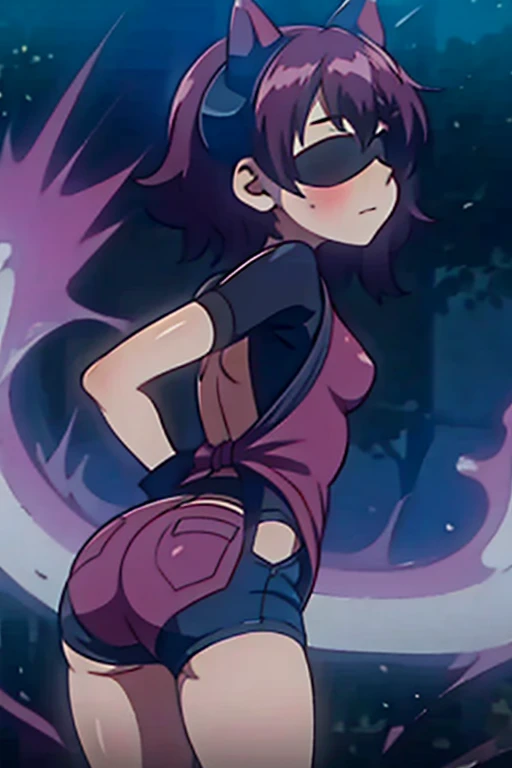 girl in a panty, wearing oven mittens tucked in pockets, blindfold