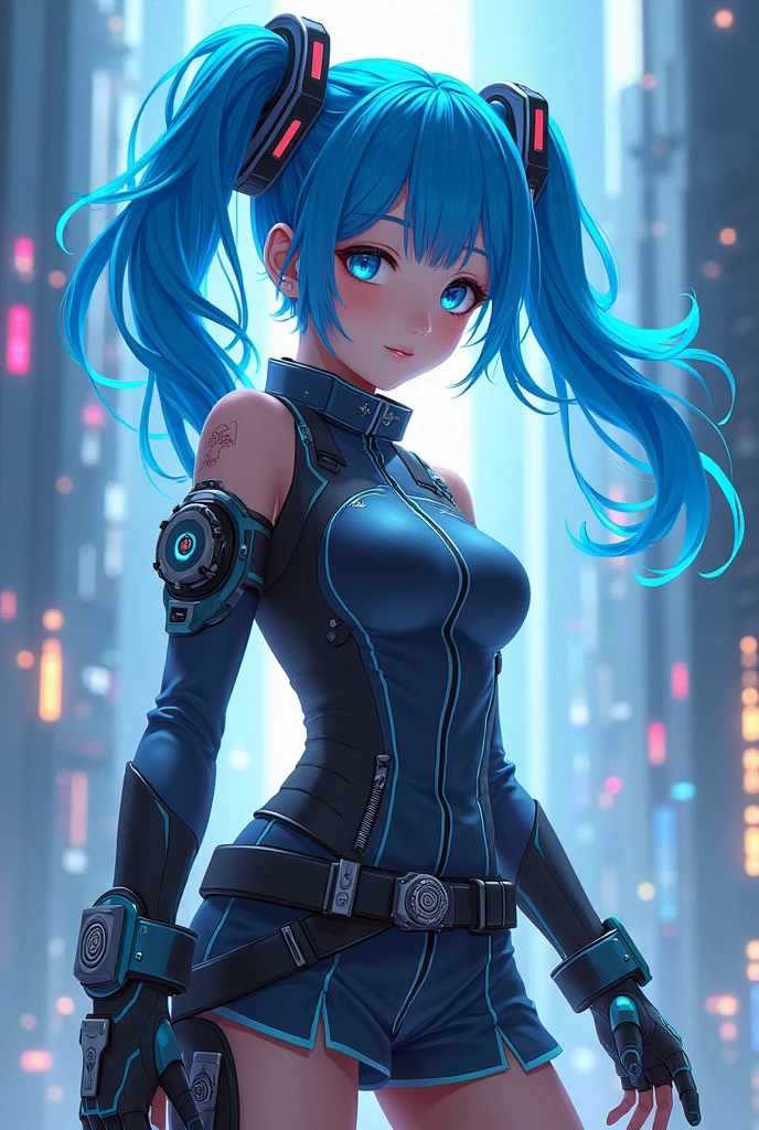 cyborg warrior girl dominant pose, flat horizon photo, Girl android , she has long light blue hair, hair tied up in a ponytail, she has a mask on her face, a respirator, a woman with sexy hips, incredibly beautiful blue eyes and a gas mask on her face, half cyborg, technological modifications. Cool girl, Beautiful face, pretty face, look at the camera, blue metal cybernetic android robot body, Large, wide hips, suit with blue indicator lines with many blue details, blue colour corset, blue glowing lines on clothing details, pretty face with detailed elaboration, long eyelashes and expressive blue eyes, cybernetic armor with a blue glow from under the joints and joints, she has blue eyes , frame with a flat horizon, Anime Style design, blue Lasers, blue smoke fountain on background Cyberpunk style, high image detail, 4k quality, the camera films Her from below, lower angle of photography, image of a night and blue neon lights, blue lamps, blue lighting, blue glare