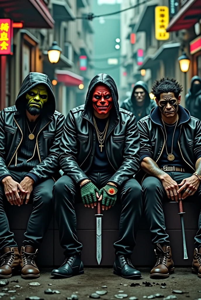 there's a group of people sitting together in a room, group of people in a dark room, vampire in mask, overload, composition, by Galen Dara, goblins partying at a rave, and they all look terrified, in cyber punk 2077, dark neon punk, cyberpunk style, edited, cyberpunk with neon lighting, album art, hand quality, 5 fingers.