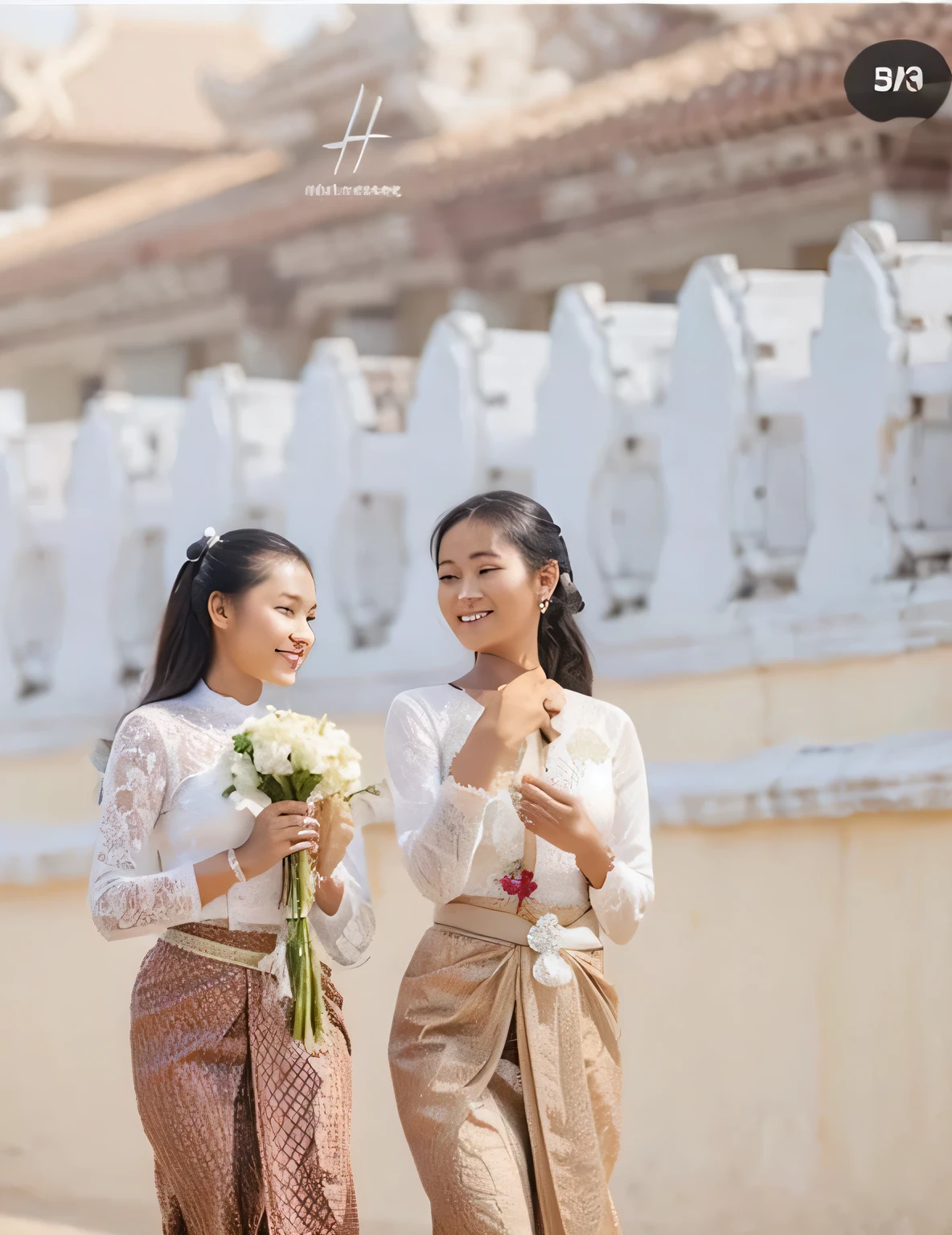 Yangon in 2 girls who gets married and stands in front of many people, kissing.Burmese traditional wedding.Tall, thin, big hips, big breasts, black hair, small lips, brown eyes, attractive, 64K.Top=white Burmese blouse,With long sleeves,Buttoned at the side.Bottom=(Dark green) long skirt.
Footwear=female Burmese sandals,The hair is knotted bun.