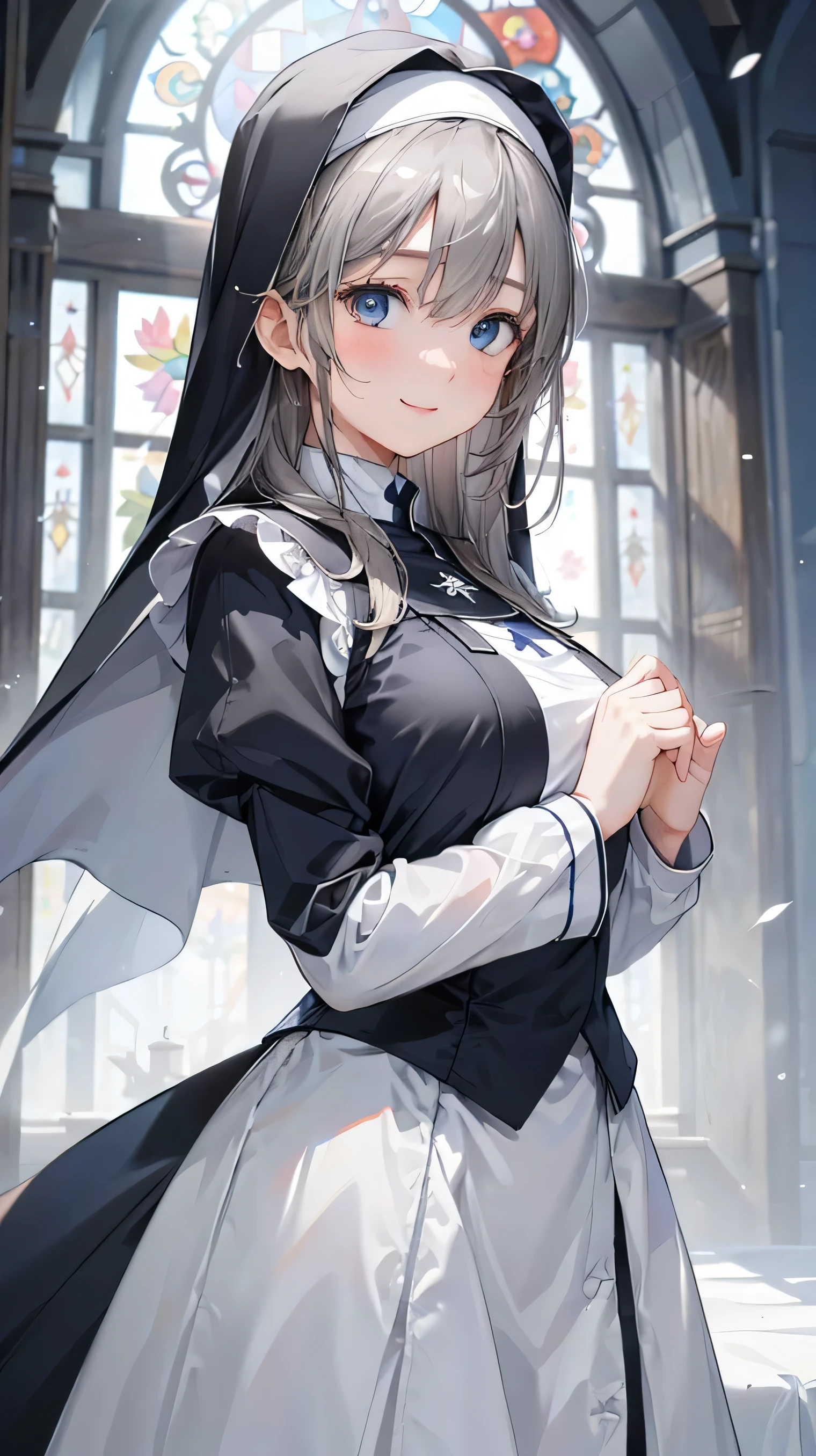 8k resolution,((Best Quality)),Ultra-high resolution,Adult women, Alone, sexy, (A kind smile), (Blue eyes), A beautiful, symmetrical face, (Gray neat long hair),Elegant nun clothing,Long skirt,White nun hood,Realistic:1.4,Realistic:1.4,(masterpiece:1.2),Perfect Eyes,Perfect Eyes,church,Slightly see-through clothing