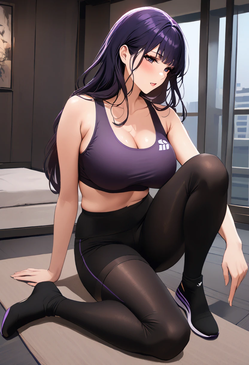 mixed_artwork style, 1 girl, standing alone, hands, beautiful woman, Asian, thick, Straight bangs, red ponytail hair, black skin, black lipstick, dark red crop top, black shorts, fitness body, realistic, textures, 8K, perfect hand, perfect anatomy, visible curves, Breasts, Sitting