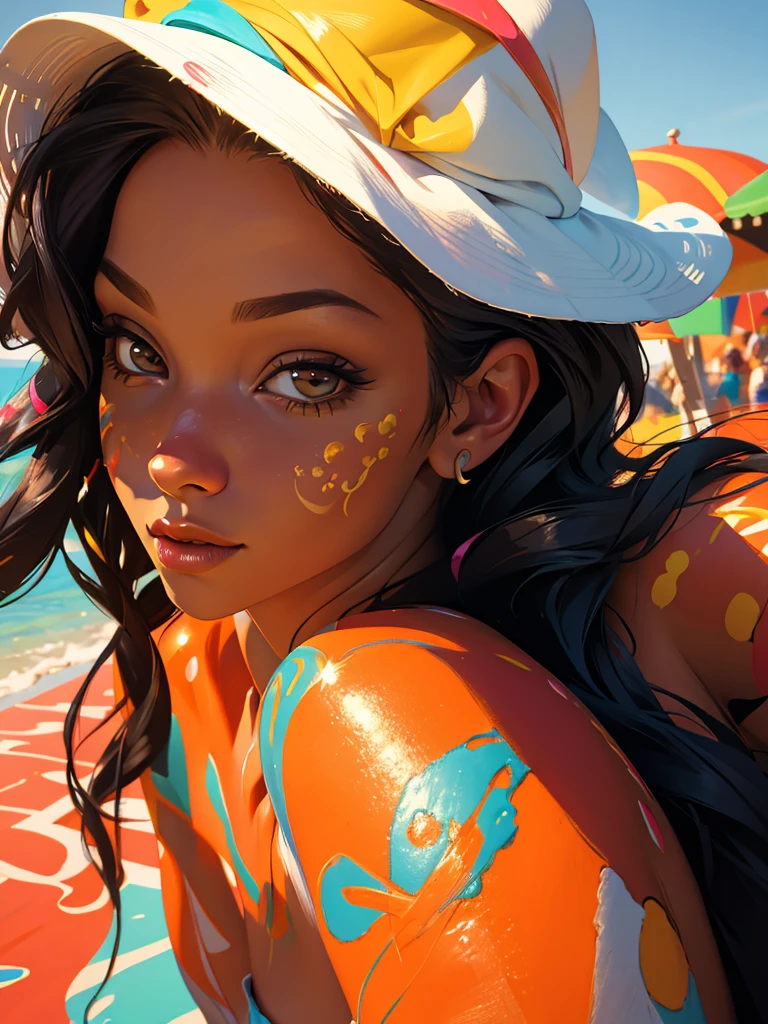 Hairy fox beast mother , Round face , (Tilt your face:1.1) , (Wink:1.2) , Moist, round eyes , Swollen cheeks , Estrus , Dark Hair , motherly smile , Glossy Lips , nude , (Body Paint Swimwear:1.2) , Sunny seaside , With the surprised beastmen