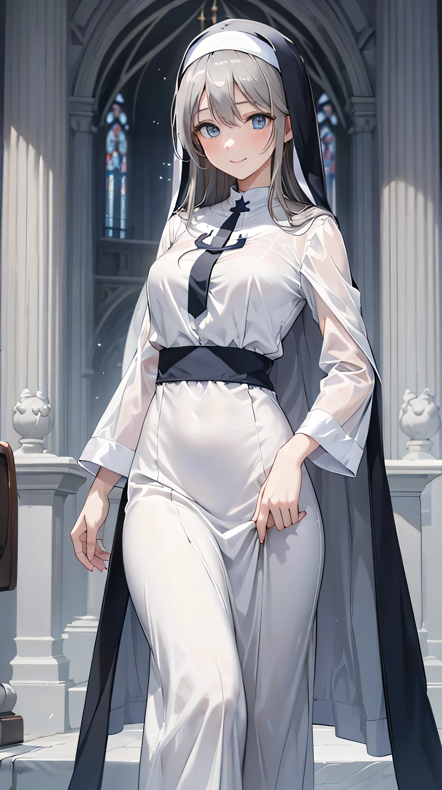 8k resolution,((Best Quality)),Ultra-high resolution,Adult women, Alone, sexy, (A kind smile), (Blue eyes), A beautiful, symmetrical face, (Gray neat long hair),Elegant nun clothing,Long skirt,White nun hood,Realistic:1.4,Realistic:1.4,(masterpiece:1.2),Perfect Eyes,Perfect Eyes,church,Slightly see-through clothing