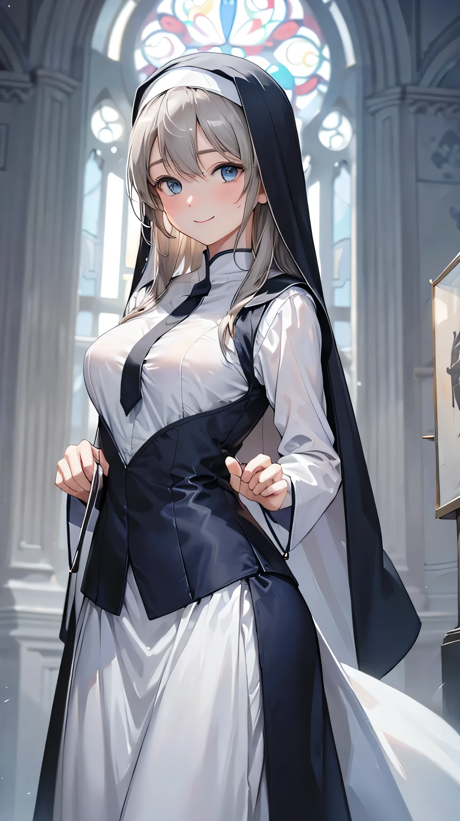 8k resolution,((Best Quality)),Ultra-high resolution,Adult women, Alone, sexy, (A kind smile), (Blue eyes), A beautiful, symmetrical face, (Gray neat long hair),Elegant nun clothing,Long skirt,White nun hood,Realistic:1.4,Realistic:1.4,(masterpiece:1.2),Perfect Eyes,Perfect Eyes,church,Slightly see-through clothing