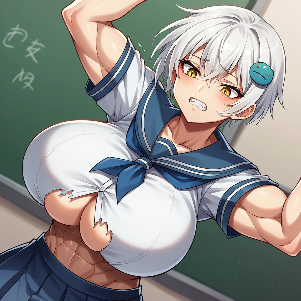 {Ultra gigantic breasts} massive cleavage, toned abs, giantess growth, school, school uniform, ripped clothes, orgasm, color, muscular, (koneko_tojou, hair ornament, white hair, short hair, yellow eyes, solo, cat hair ornament)