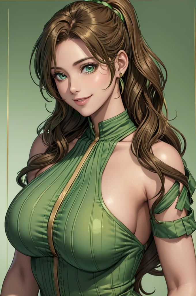 Female((30-years old)), hair((Wavy, Golden brown)), Eyes((smart Eyes, Green)), Clothes((New York Fashion Week, light Green)), Smiling, Breast Out, Ponytail, Accessories, nude