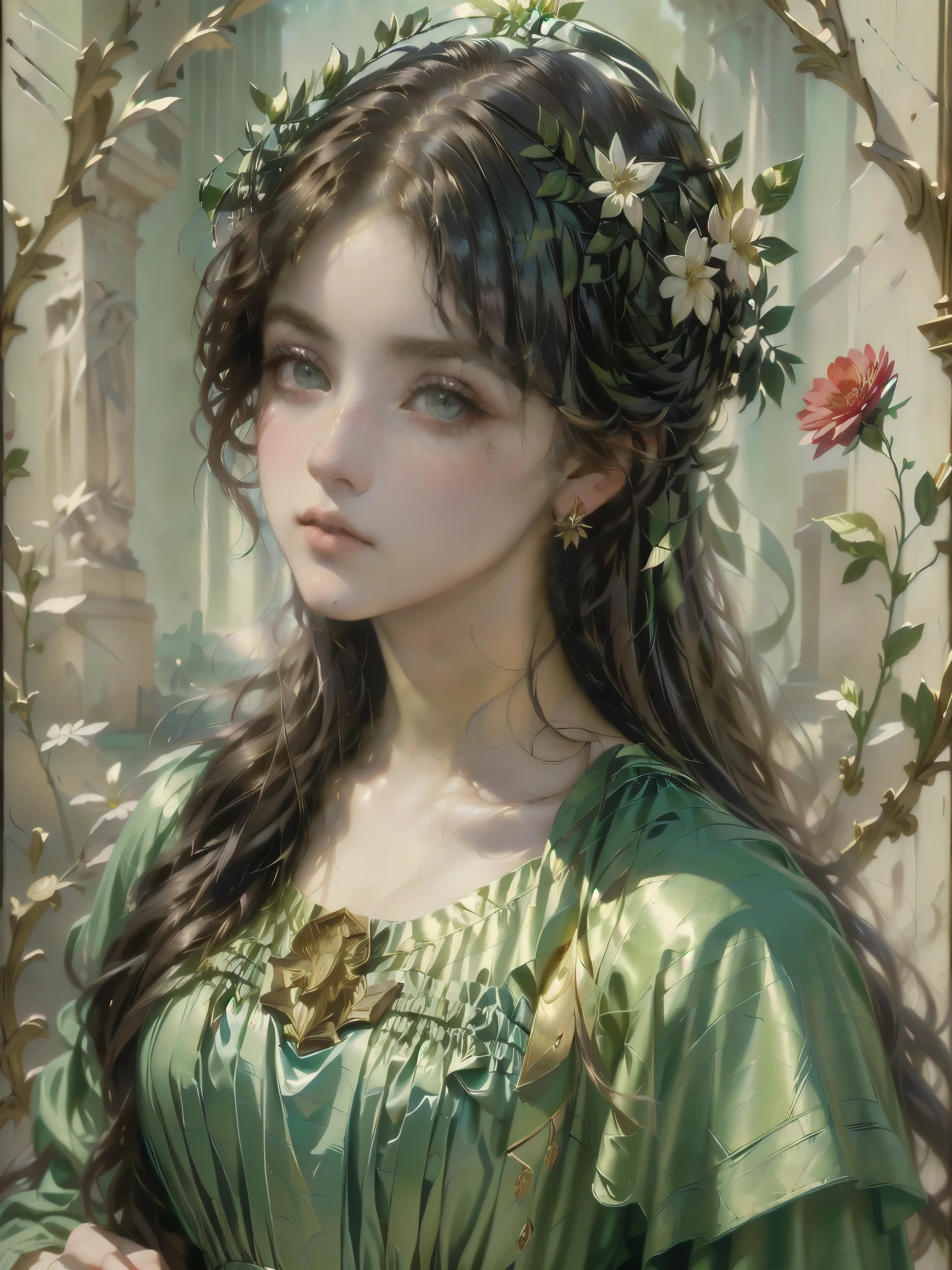 painting of a woman with a flower in her hand, inspired by Jules Joseph Lefebvre, by Jules Joseph Lefebvre, by Alexandre Cabanel, inspired by Alexandre Cabanel, artgerm and william bouguereau, portrait of artemis, by Joseph Keppler, portrait of helen of troy, inspired by Carl Heinrich Bloch