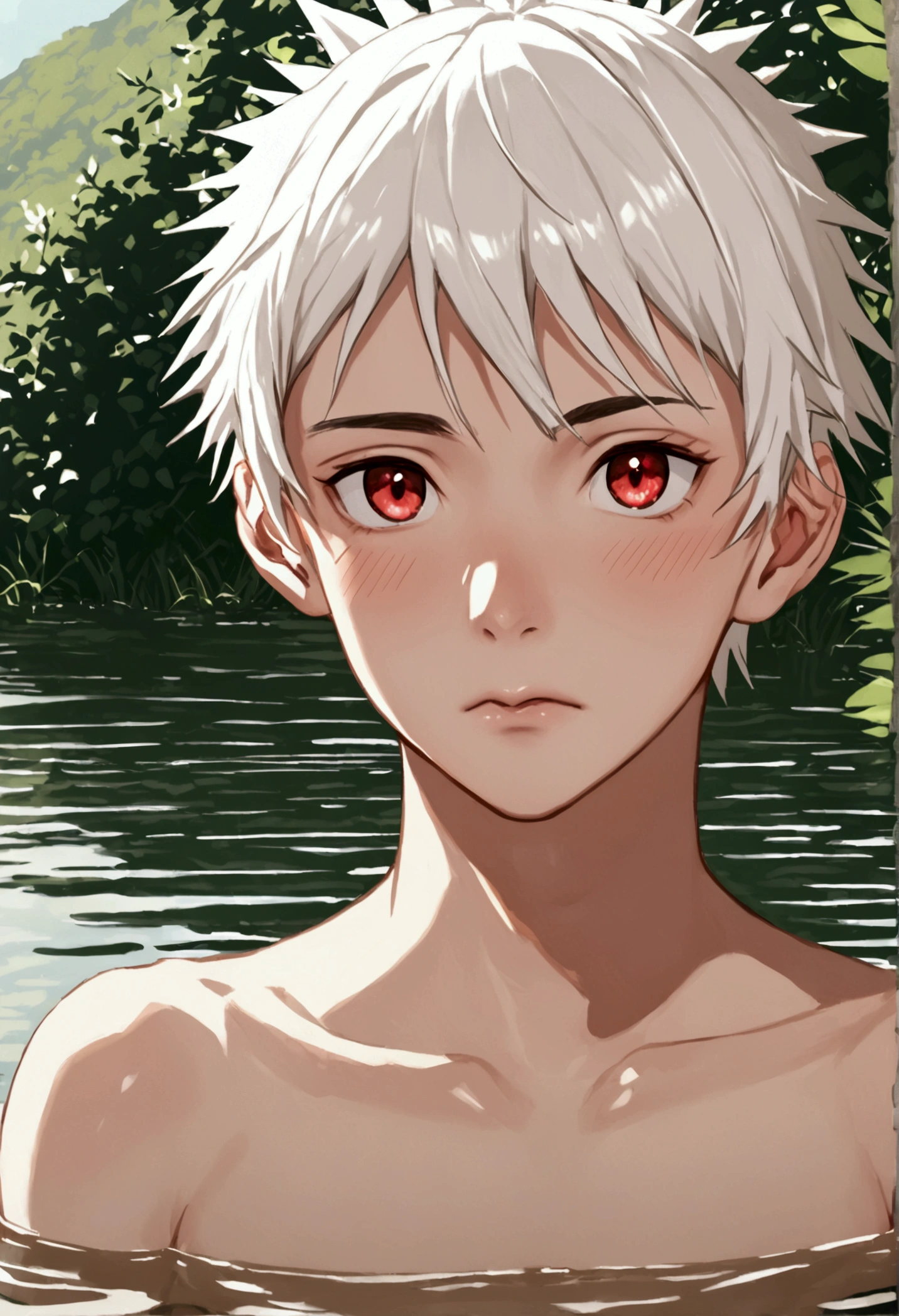 Tall skinny boy with spiky white hair, red eyes and pale skin swimming in lake, naked, male beauty, effeminate features, femboy, Shy boy, look embarrassed, looking shyly, flushed face.