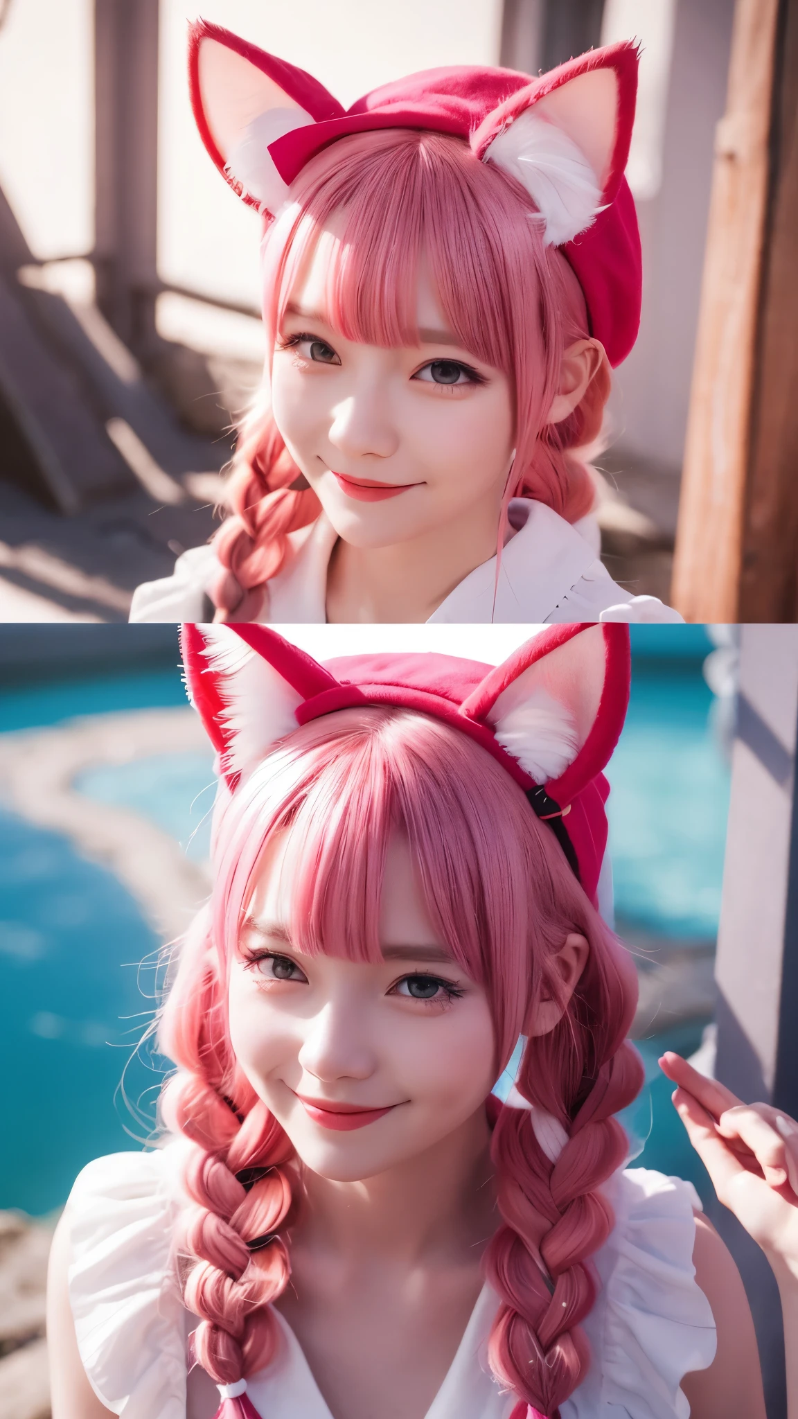 (8k, 4k, best qualtiy, A high resolution:1.2), (maasterpiece, realisticlying, photograph realistic:1.37), 1girl, solo, beauitful face, eyeslashes, nase, glossy lips, (Detailed eyes, looking at viewert, White skin of the, White skin of the:1.5), Delicate complexion, The upper part of the body,
Large of breast,plumw,,,
Outdoor hot spring,
two sides up,Absurdly long hair,blond hairbl,with pink hair,By bangs,hair adornments,Bow knot,
年轻,Getting older,nakeness