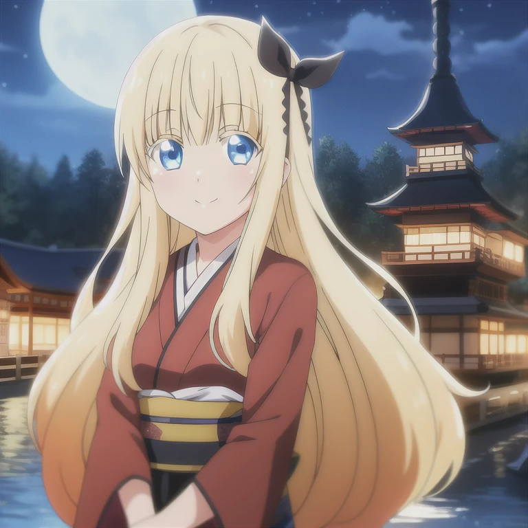 1girl, solo, long hair, looking at viewer, bangs, blue eyes, blonde hair,  black ribbon, kimono , japanese clothes, night, lights, fullmoon, japanee tample, outdoor, smile, juliet_persia