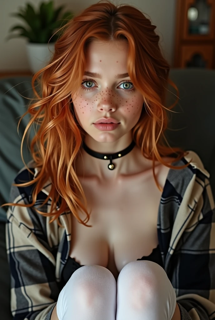 1 Irish woman, extremely beautiful and very legitimate redhead. Extremely slender, with freckles, big bright blue eyes, wearing green sweater falling down showing shoulders, symmetrical body, sensualizing, pouting with orgasmic expression, highly arousing, high quality 32k, UHD, hyper-realistic, cinematic, dynamic close-up above.