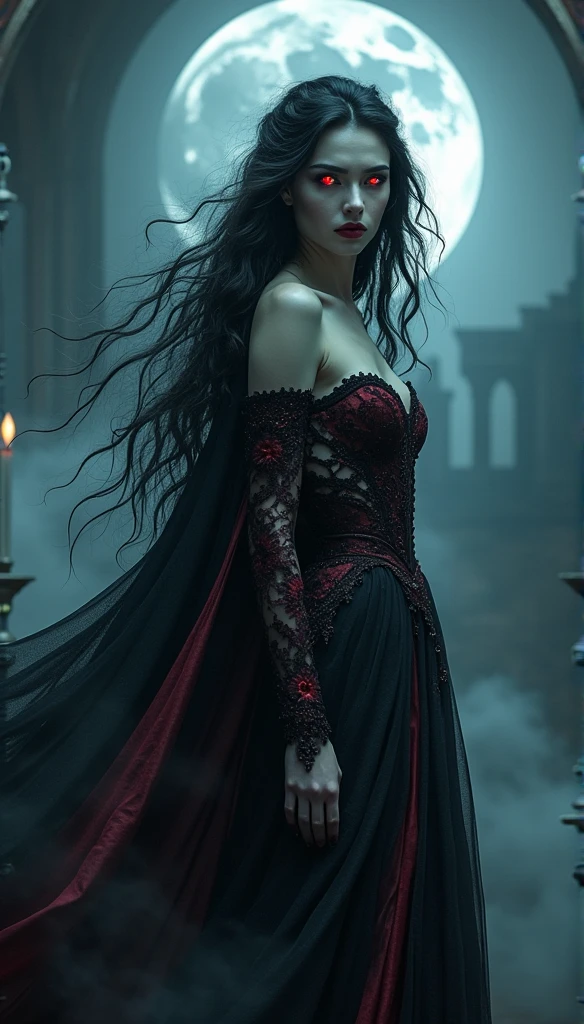 anime comic fantasy art, gothic art, (masterpiece:1.5), full body best details, highly detailed, best quality, Glowing Red, highres, full body portrait of a vampire, elf (Masterpiece, best quality: 1.6), ultra feminine, wizard, (intricate details, Masterpiece, best quality: 1.5) with a long curvy hair, light color hair, (red1.3) eyes, (fantasy art, Masterpiece, best quality), ((beautiful delicate face)), Ultra Detailed Face (intricate details, fantasy art, Masterpiece, best quality: 1.5), [[vampiric fangs 1.5]] (red cloak: 1.3) , flowing cloak (intricate details, fantasy art, Masterpiece, best quality: 1.3), wearing an intricate (black: 1.2) dress (intricate details, fantasy art, Masterpiece, best quality: 1.5), high heeled boots, urban background (intense details, beat details), fantasy, at night light, natural ,moon light, clouds, gothic atmosphere, soft light, dynamic light, [[anatomically correct]], high details, best quality, 8k, [ultra detailed], masterpiece, best quality, (extremely detailed), dynamic angle