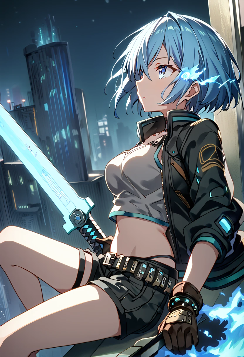 (uncensored), score_9, score_8_up, score_7_up,source_anime, high quality, exceptional, best quality, perfect hand, 1 girl, (solo), side view, detailed face, detailed eyes, ((her right eye is glowing, blue fire)), (((short hair))), (dark), ((grey crop top)), ((black g-string panties)) , (middle size breasts), ((designed black jacket)), (((short pants))), ((leather gloves, her hand have cyberpunk swords)), ((sitting on the edge of a building, night)), hatsune miku, no hair clip, thin light blue hair, blue eyes visible through hair, glowing eye, (cyberpunk), steampunk near future city, a lot of building