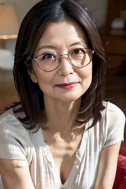 Highest quality, masterpiece, Realistic, 8k, 1 sexy beauty, (Sitting upright facing forward), Upper Body, (View the seating area), Mature Woman, 4, V-neck light clothing, valley, Straight Hair, Thin silver-rimmed glasses, Lewd Eyes, Lewd, Lewd Woman, An inviting look、Small breasts
