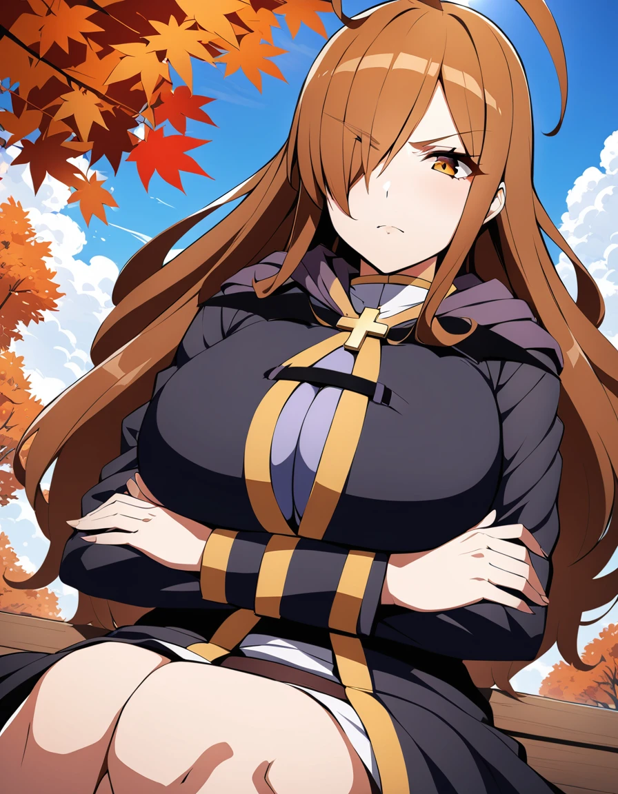 masterpiece, best quality, solo, 1girl, anime coloring kswiz, hair over one eye, ahoge, robe, cross, cowboy shot, scowl, looking at viewer, large breasts, crossed arms, blue sky, autumn
