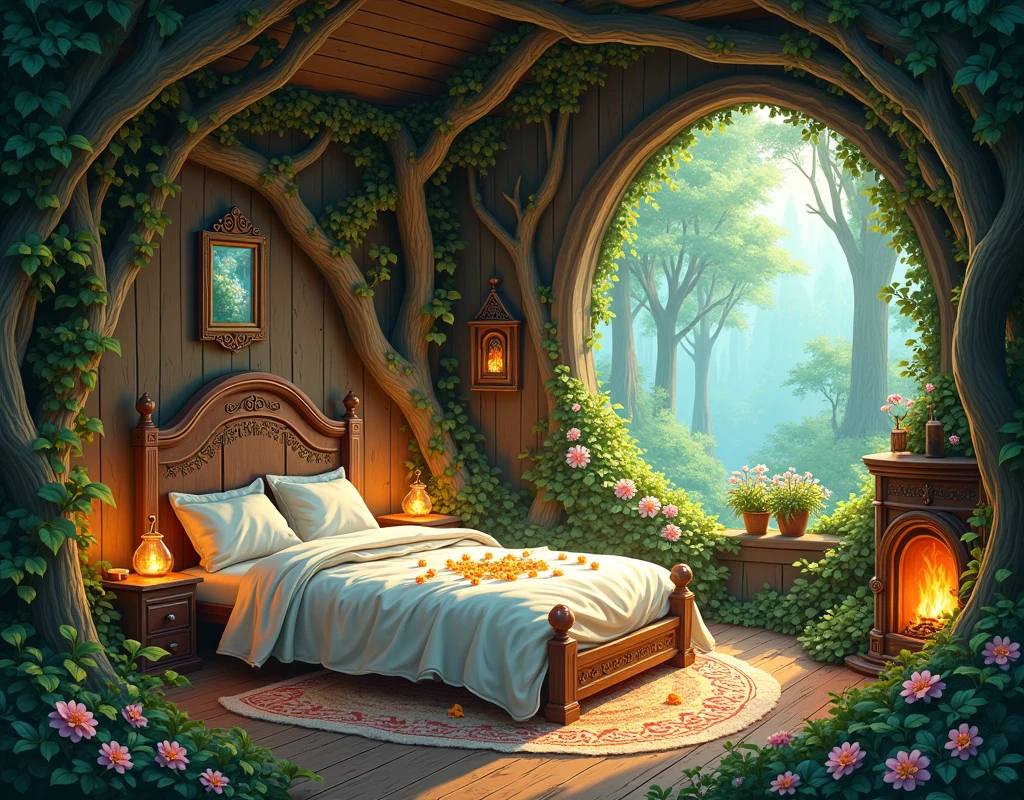 {cinematic scene, 4K ultra-realistic rendering with a flower-powered, jungle-tropical, supernatural style} An epic bedroom nestled within a colossal tree, surrounded by a lush, tropical jungle. The walls are alive with vibrant vines and massive, blooming flowers in vivid hues. The large, carved wooden bed is entwined with glowing, bioluminescent plants that pulse with soft, ethereal light. The bedding features rich, floral patterns and silky fabrics that shimmer in the warm glow.
The ceiling is a canopy of giant leaves, with glowing orchids and enchanted floating lanterns. The floor is covered with thick, mossy rugs, blooming flowers, and small trickling streams. Massive, arched windows offer views of the misty jungle outside, filled with ancient trees and supernatural creatures. Unique furniture, like a twisted, vine-covered table with shimmering crystal surfaces, enhances the room’s mystical atmosphere. Floating shelves hold glowing crystals, ancient tomes, and luminescent herbs.
The room is filled with tropical, magical details: a leaf-shaped hammock swings gently, surrounded by exotic plants that emit a soft light, and a cascading waterfall flows down one wall. This bedroom is a vibrant, supernatural retreat, blending the wild beauty of a jungle with fairy-tale charm, creating a space alive with magic and adventure. {Shot with a 35mm lens, warm, glowing ambient lighting, tropical atmosphere} {Art inspired by enchanted jungles, supernatural interiors, and epic fairy-tale design}