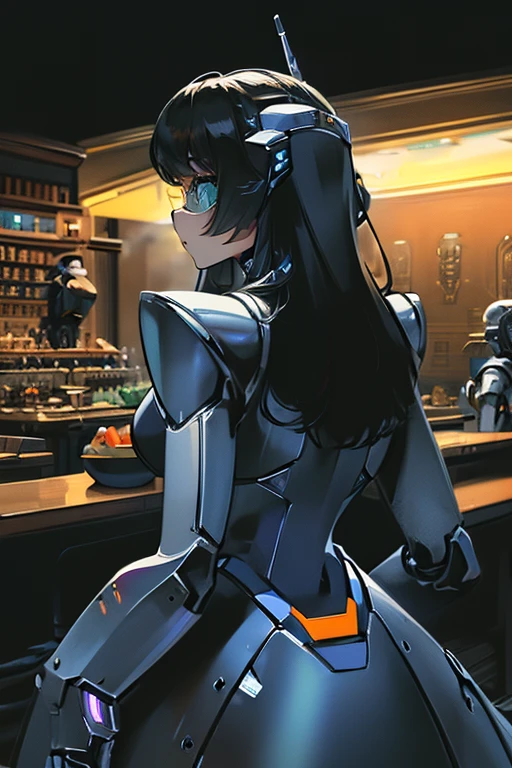 (masterpiece),(Highest quality),(Super detailed),(Best illustrations),(Best Shadow),(Absurd),(Detailed Background),(so beautiful), 16K, 8K, 4K,(Best Shadow),robotization,woman ,big bust,Robot Joint ,Metal skin,Black robot Suit,long hair,a black robot suit that covers the whole body,robot hand,cyber bodysuit,mecha head,robotization, transforming into robot,(Detailed hands and fingers:1.2),perfect anatomy,cybernetic girl,sci-fi armor,from back