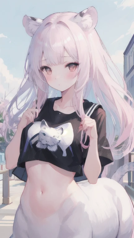 (best quality, masterpiece), 1 girl, centaur, It takes, White skin, Korean , ((23 years old)),black pink,Smiling, exposing the abdomen, belly button t-shirt , 아름다운 소녀 perfect white tiger photo, perfect white tiger photo