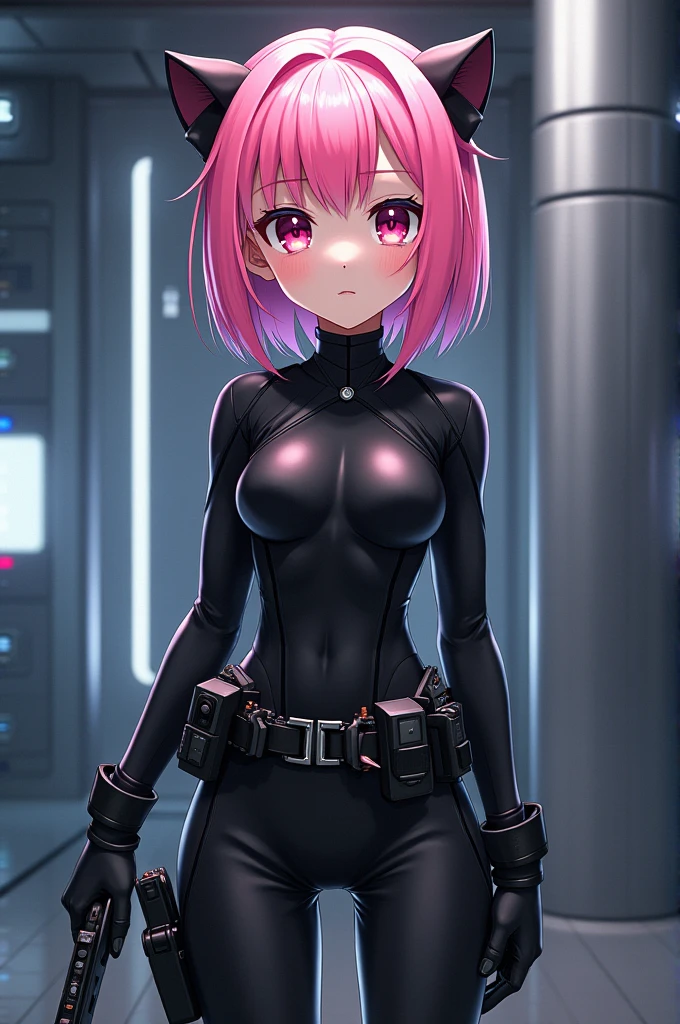 (masterpiece), Best quality, good anatomy, one girl, ( Spread your legs), green eyes, (((forehead mark))), (((red headband))), realistic face, short haircut, gloomy face, pink hair, navel ,bare shoulders, tight black top, black pants, gym, Reflectors, 8K masterpiece, super detail, film movie, best quality, best ditails, detailed face, detailed eyes, camera from bellow, nipples, (show cameltoe), gloves