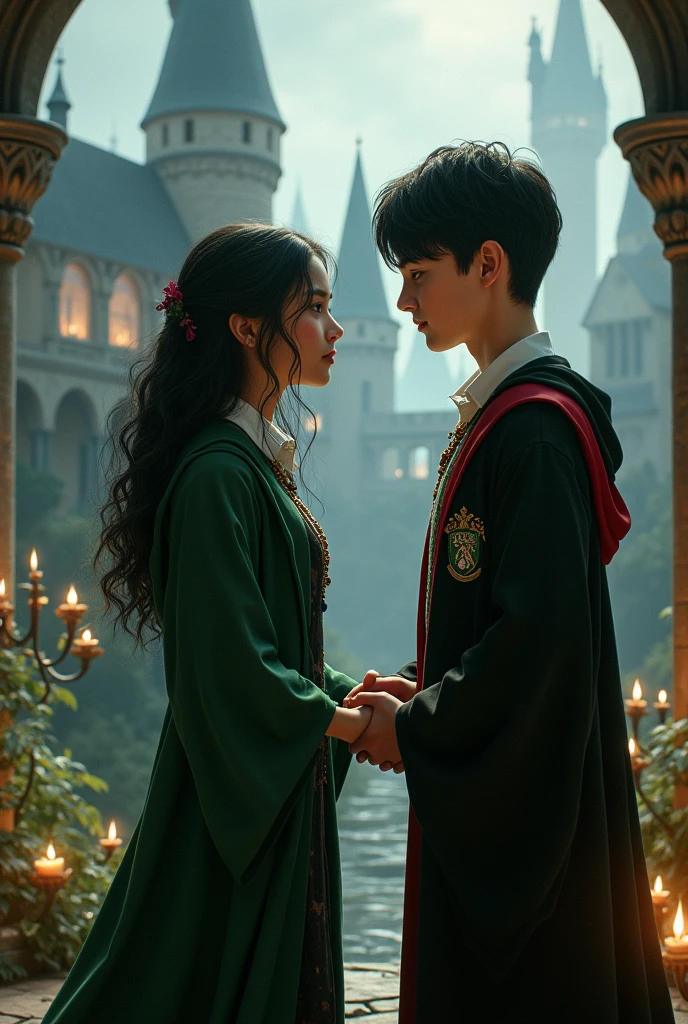 A short black-haired wizard and a short black-haired witch from Ravenclaw house kissing