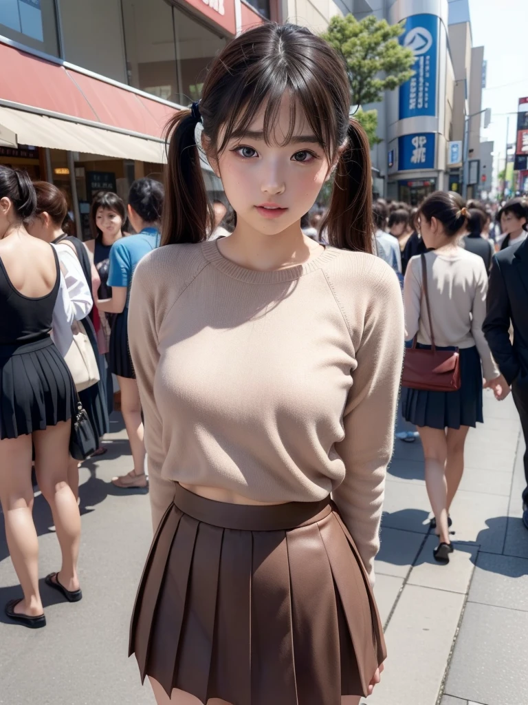 Perfect photo, (masterpiece), 8k, Highest quality, Expressive eyes, Perfect Face, Perfect hands, Perfect Fingers, Perfect finger count, high resolution, Realistic skin texture, Realistic, (Japanese, beautiful girl, 1girl), Black Hair, bangs, Twin tails, Brown eyes, Big eyes, Small face, Baby Face, ((full-face blush, peaceful)), (Long sleeve knit, Low-rise mini pleated skirt), Standing, arms behind back, Nakano Broadway, In the crowd, nsfw