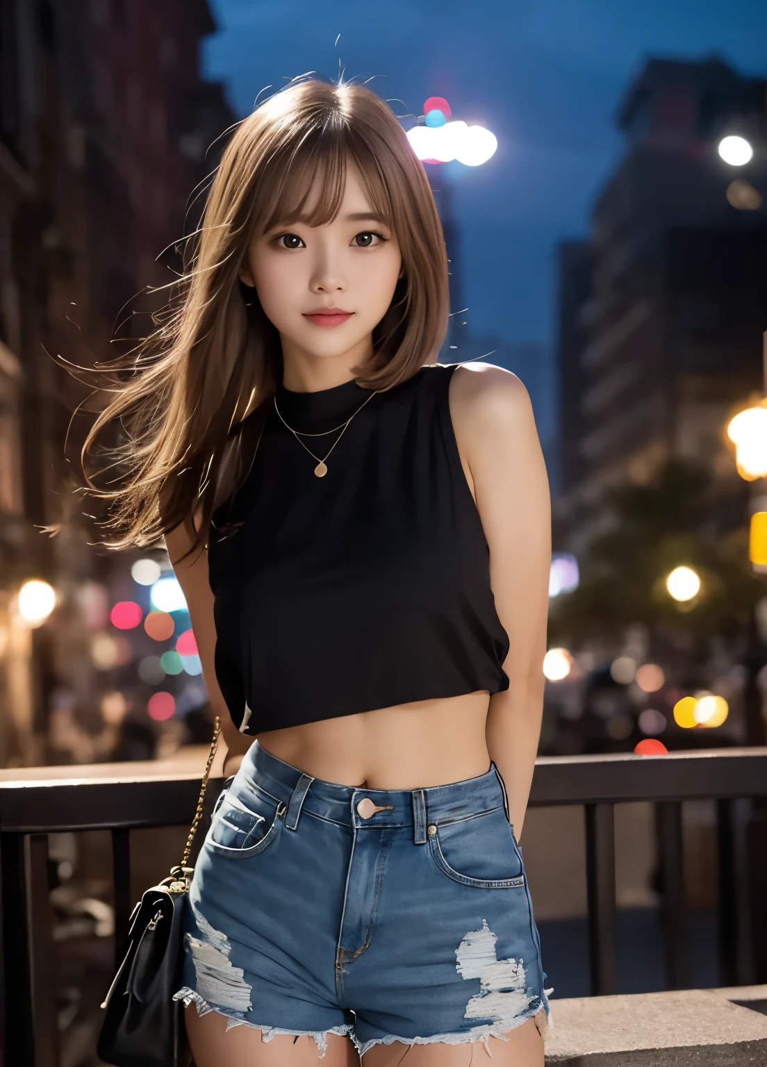 ((Best quality, 8k, Masterpiece :1.3)), 1girl, Pretty woman with slender abs, (Long hair, Ultra-detailed face, Detailed eyes, Double eyelid, pink color lips, short pants, super short short pants, korean girl, dynamic lighting, depth of field, leg pose, people crossing in background