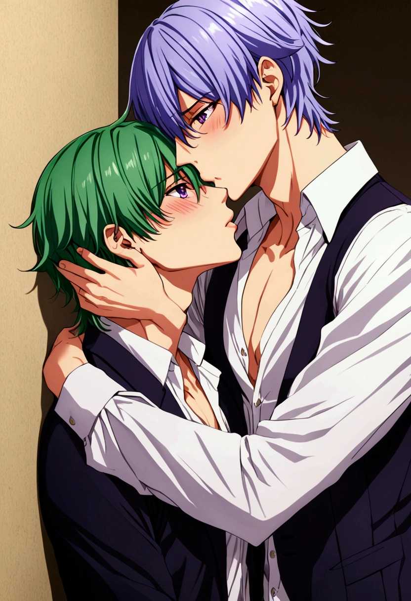 Two male teenagers are taking a blood bath, hugging and in love. The bathtub is and it is dirty. The crazy people are sitting and hugging in the blood bathtub. It is covered in blood. The bathroom is very beautiful. One of the teenagers is tanned with blonde and black hair. The other teenager has fair skin with green hair. Both of them are male. The image has to be in anime.