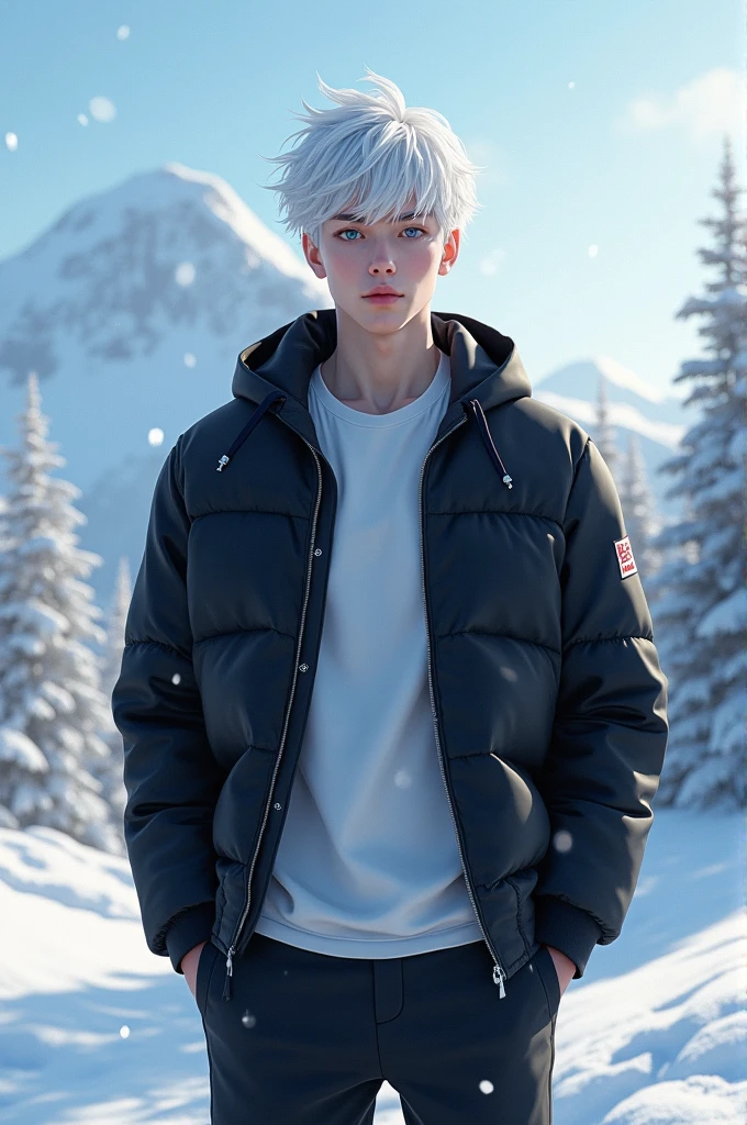 A beautiful  boy, White skin, White hair, and blue eyes.
He is wearing a blue hooded jacket, and underneath a black shirt.
He has white shorts with two vertical black stripes on the sides., and he has blue tennis shoes with a black x on them.