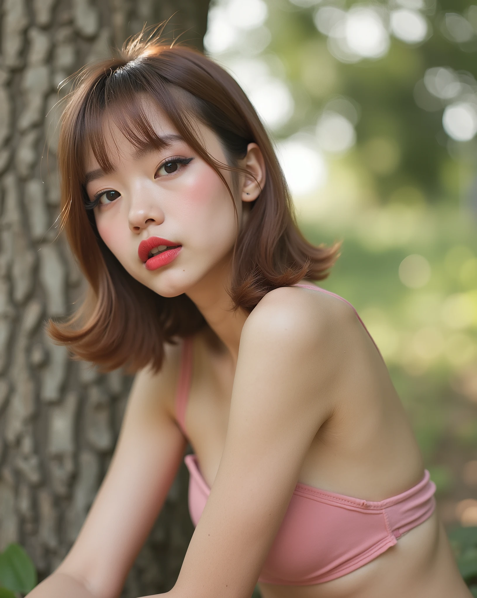((Lisa from Blackpink)), nude, face close-up, full body photo, very light skin, short hair, wavy hair, camp, forest, photorealistic, indirect lighting, volumetric light, ray tracing, hyperdetailed